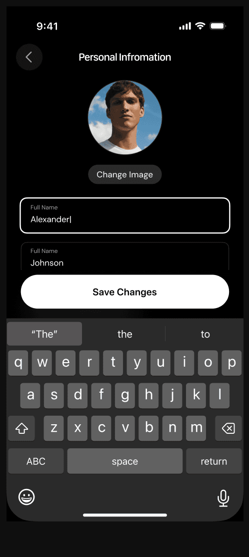 Forma Tech app profile: photo with Change Image and name fields with Save Changes. Demo data.